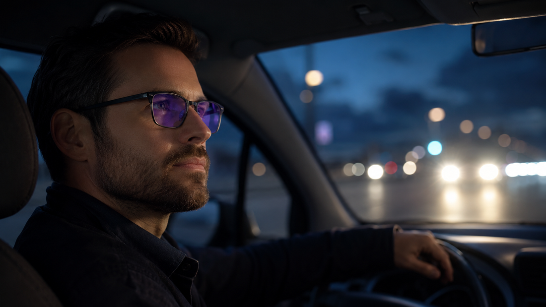 Driver wearing purple-toned night driving glasses inside a car with soft headlight glare through the windshield.