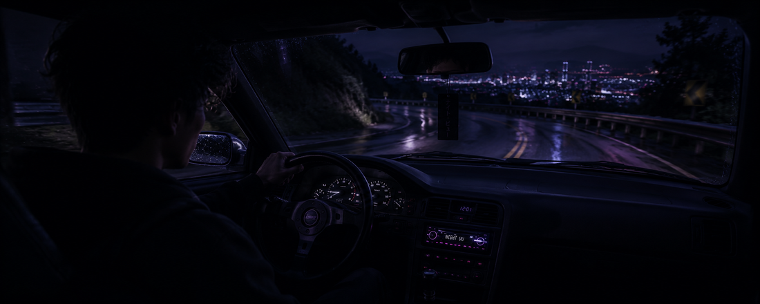 Driver wearing Night VU glasses while driving at night on a wet, winding road with soft purple dashboard light and distant city lights ahead.
