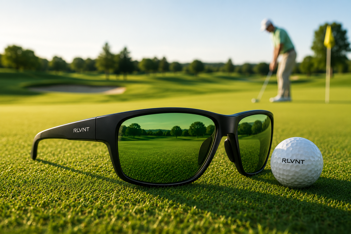 RLVNT Fairway VU golf sunglasses with green lenses on a sunny putting green.