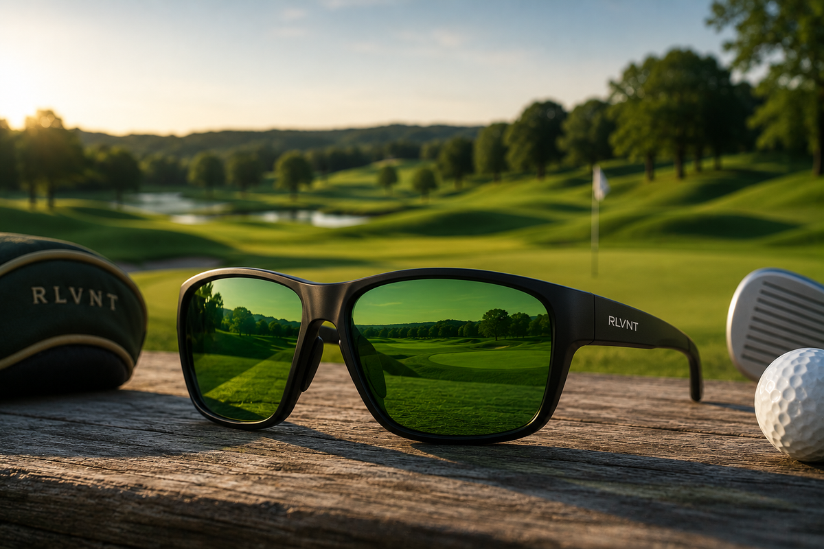 RLVNT Fairway VU golf sunglasses with green lenses on a wooden bench overlooking a sunny golf course.
