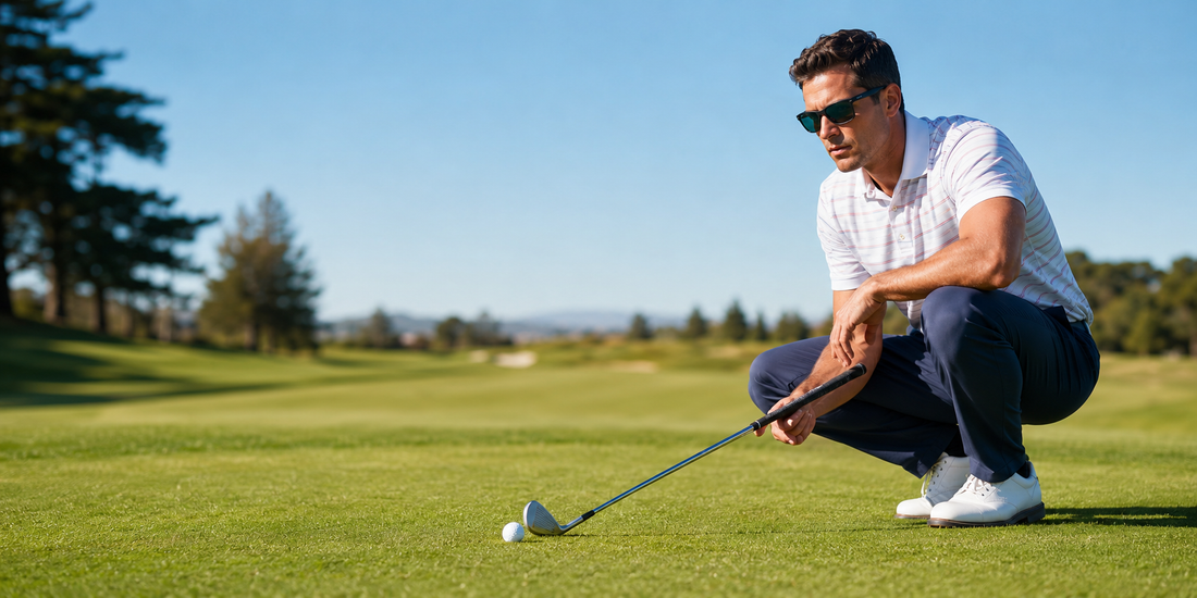 golfer wearing Fairway VU sunglasses while lining up a shot on a sunny golf fairway.